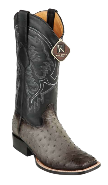 King Exotic 48220338 Men's Faded Gray Genuine Ostrich Wide Square Toe Cowboy Boots