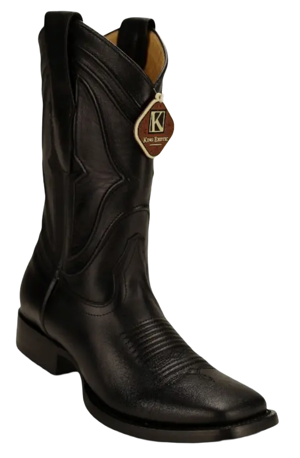 King Exotic 4822105 Men's Black Genuine Leather Wide Square Toe Cowboy Boots