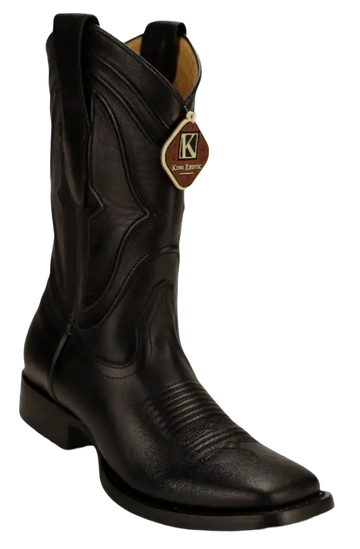 King Exotic 4822105 Men's Black Genuine Leather Wide Square Toe Cowboy Boots