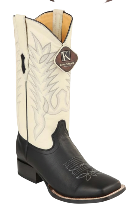 King Exotic 48222705 Men's Black Genuine Cowhide Leather Wide Square Toe Cowboy Boots