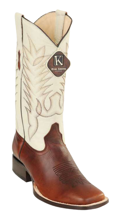 King Exotic 48223807 Men's Brown Genuine Cowhide Leather Wide Square Toe Cowboy Boots