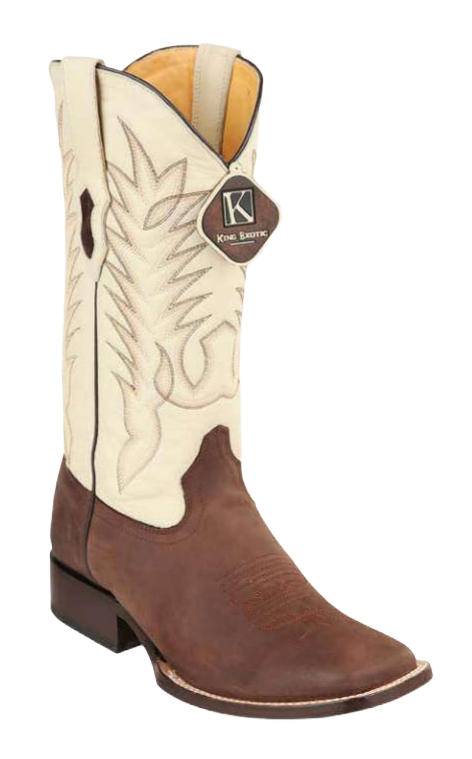King Exotic 48226207 Men's Brown Genuine Cowhide Leather Wide Square Toe Cowboy Boots
