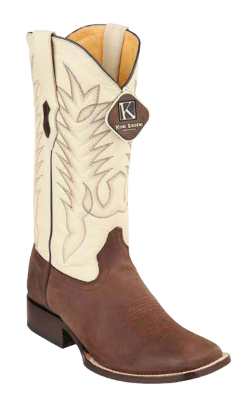 King Exotic 48226207 Men's Brown Genuine Cowhide Leather Wide Square Toe Cowboy Boots