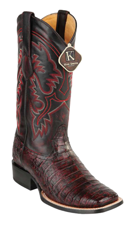 King Exotic 48228218 Men's Black Cherry Genuine Caiman Crocodile Belly Wide Square Toe Cowboy Boots