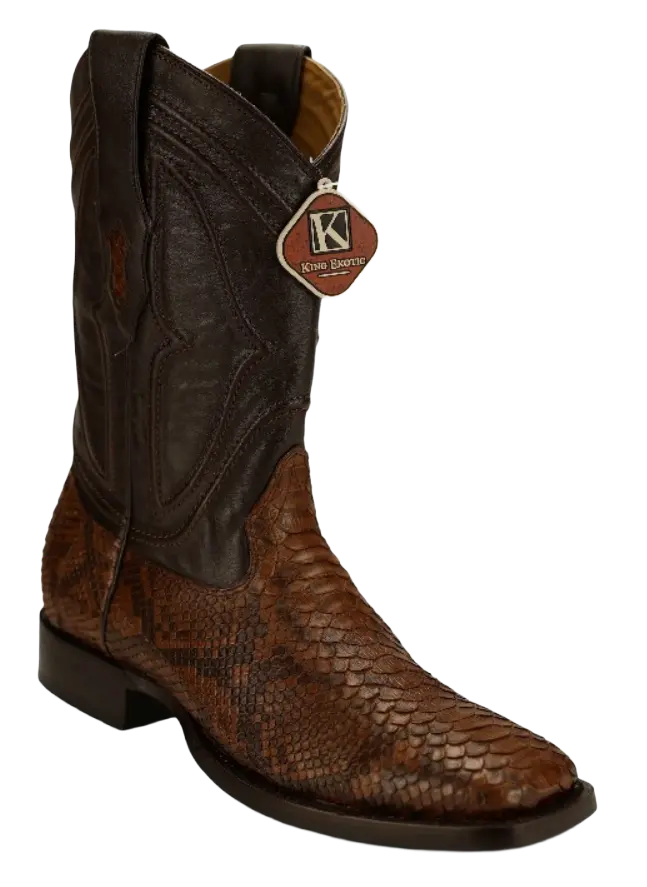 King Exotic 4825766 Men's Porto Brown Genuine Python Wide Square Toe Cowboy Boots