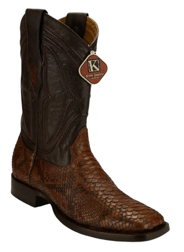 King Exotic 4825766 Men's Porto Brown Genuine Python Wide Square Toe Cowboy Boots