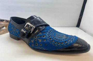 Mauri Ceruti 4826 Blue Genuine Alligator/Pony Monk Strap Shoes