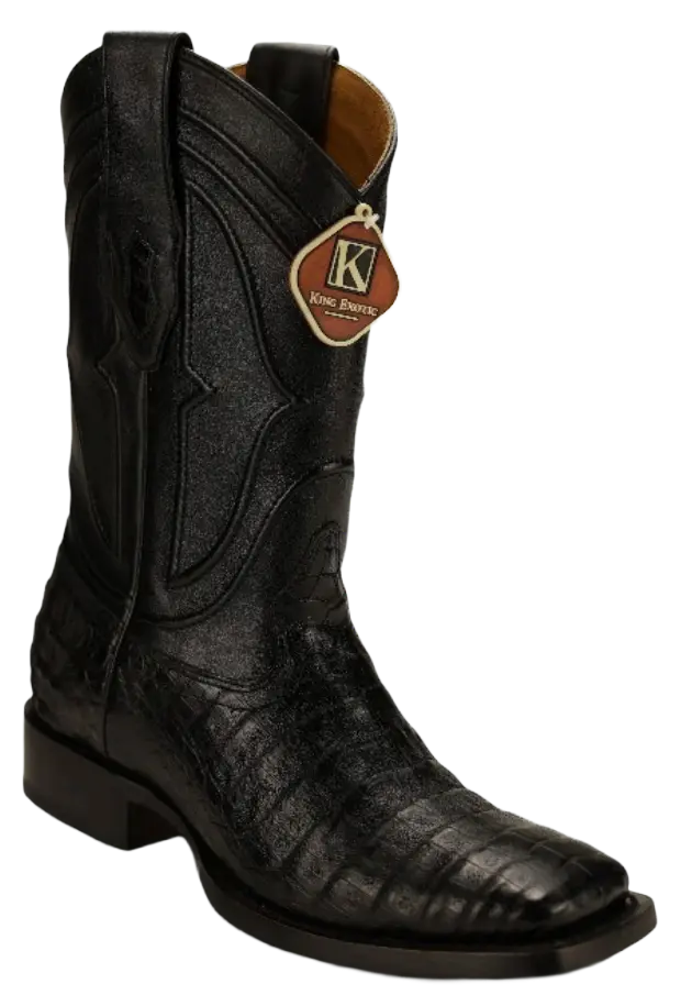 King Exotic 4828205 Men's Black Genuine Caiman Crocodile Belly Wide Square Toe Cowboy Boots