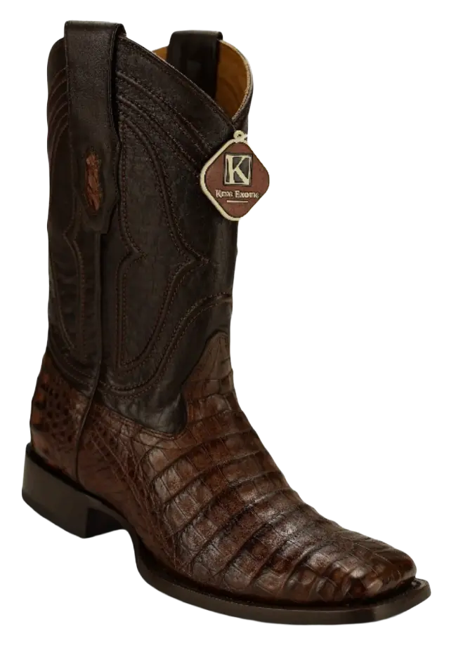 King Exotic 4828207 Men's Brown Genuine Caiman Crocodile Belly Wide Square Toe Cowboy Boots