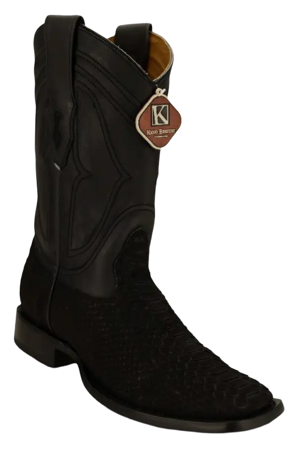 King Exotic 482N5705 Men's Nubuck Black Genuine Python Wide Square Toe Cowboy Boots