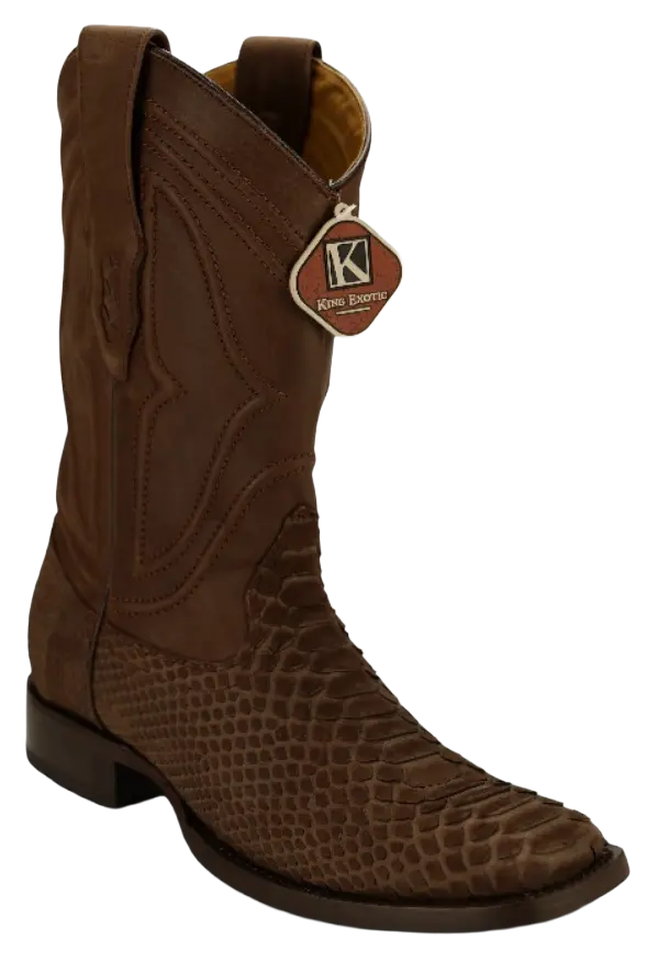 King Exotic 482N5707 Men's Nubuck Brown Genuine Python Wide Square Toe Cowboy Boots