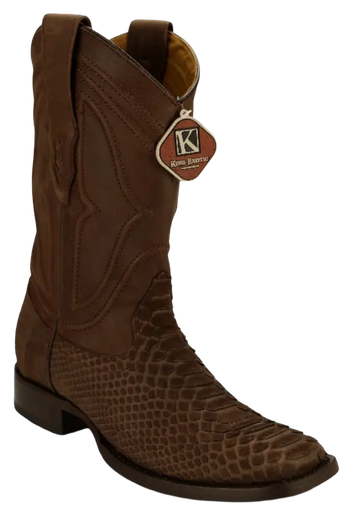 King Exotic 482N5707 Men's Nubuck Brown Genuine Python Wide Square Toe Cowboy Boots