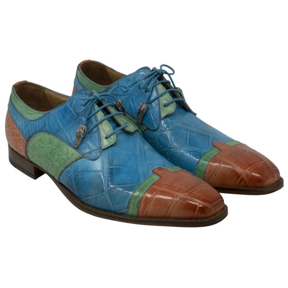 Mauri Stephen 4921 Salmon/Emerald Green/Light Blue Genuine Body Alligator Hand-Painted Dress Shoes