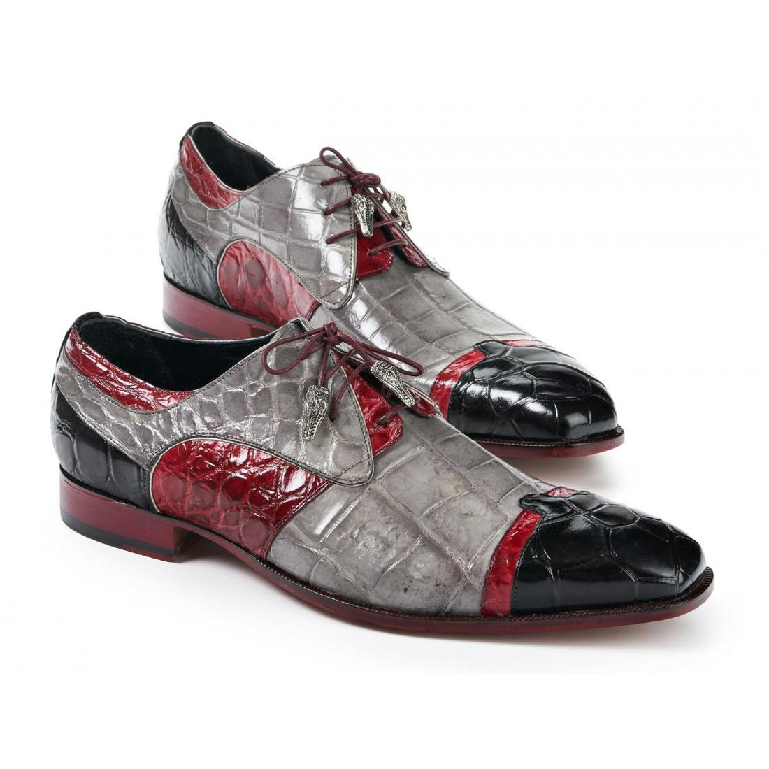 Mauri Stephen 4921 Ruby Red/Light Grey/Black Genuine Body Alligator Hand-Painted Dress Shoes