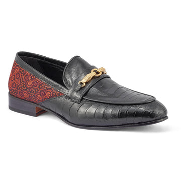 Mauri Monet Black/Coral Red Genuine Ostrich Leg/Matahari Fabric Horsebit Loafer Shoes 4946