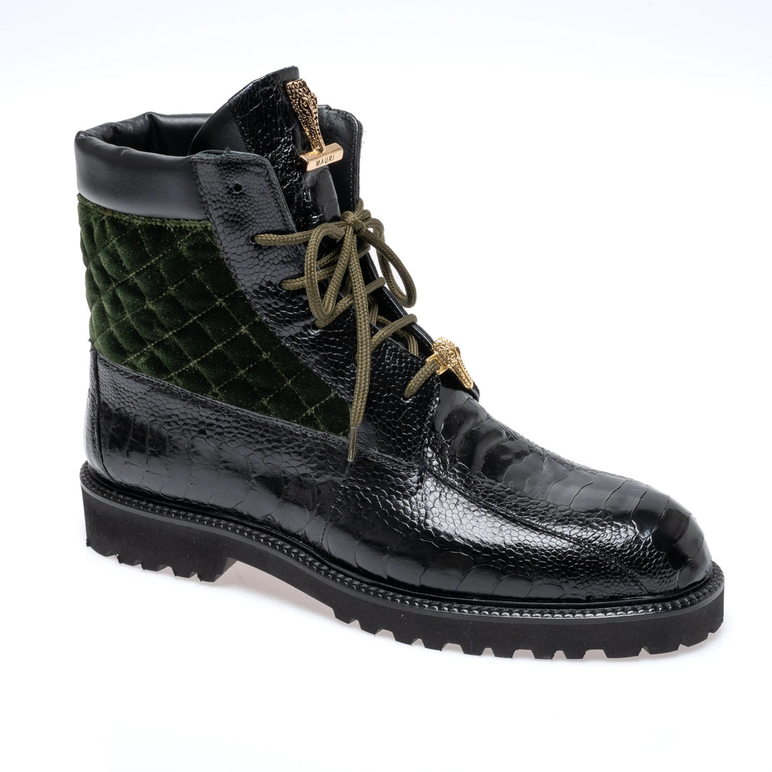 Mauri 4949/4 Black/Money Green Genuine Ostrich Leg/Quilted Velvet Boots