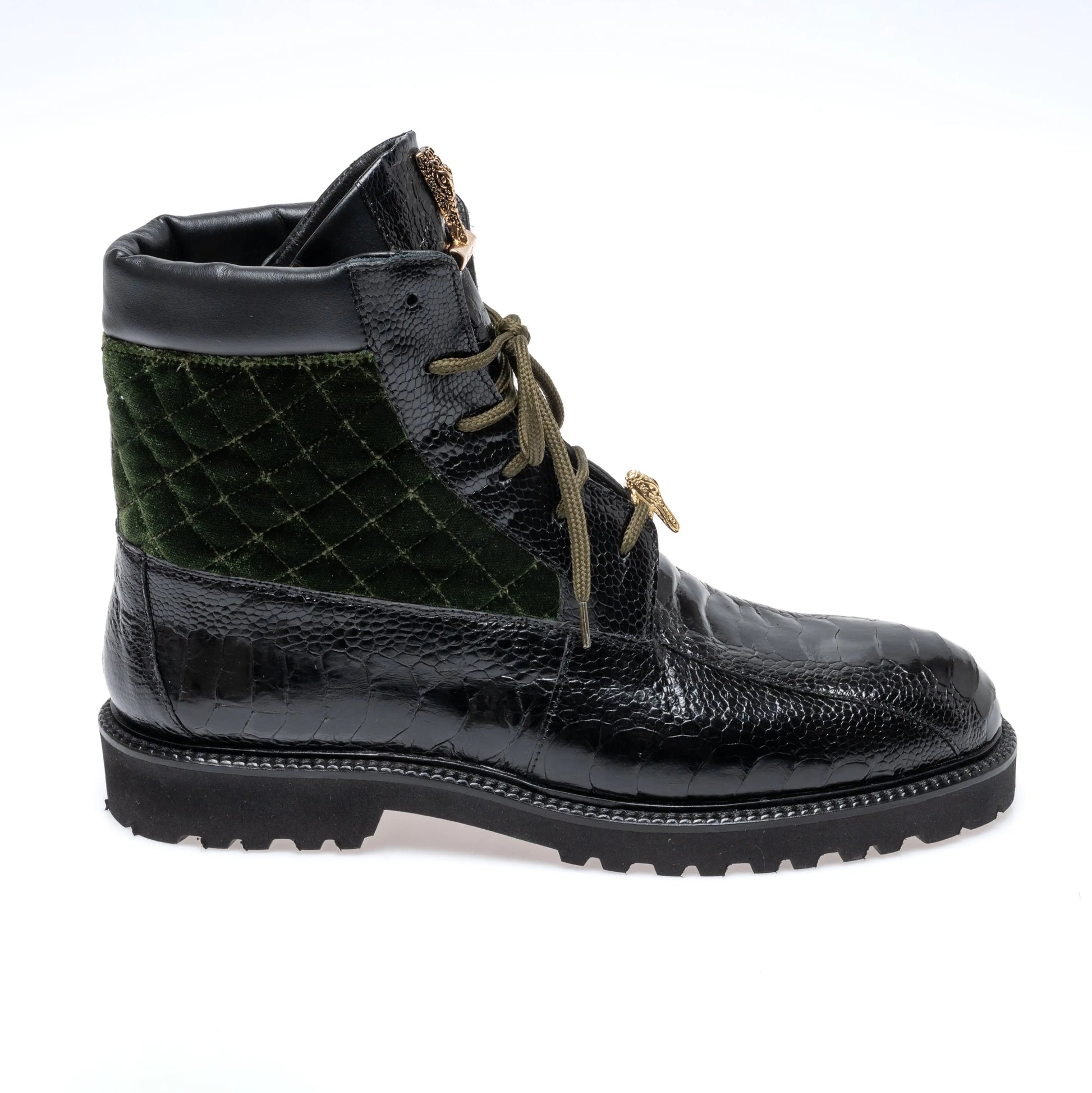 Mauri 4949/4 Black/Money Green Genuine Ostrich Leg/Quilted Velvet Boots