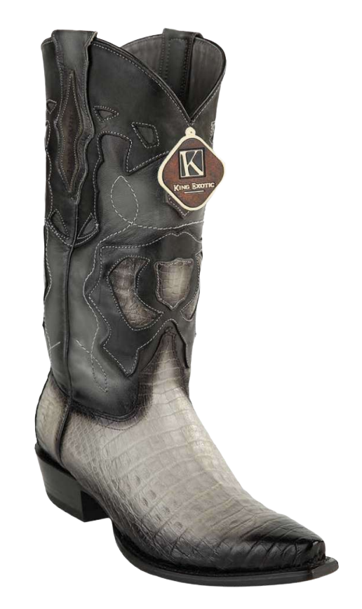 King Exotic 494RD8238 Men's Faded Gray Genuine Caiman Crocodile Belly Snip Toe Cowboy Boots
