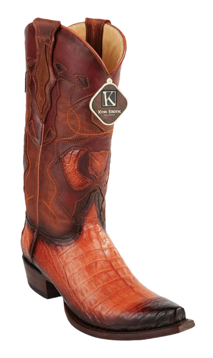 King Exotic 494RD8257 Men's Faded Cognac Genuine Caiman Crocodile Belly Snip Toe Cowboy Boots