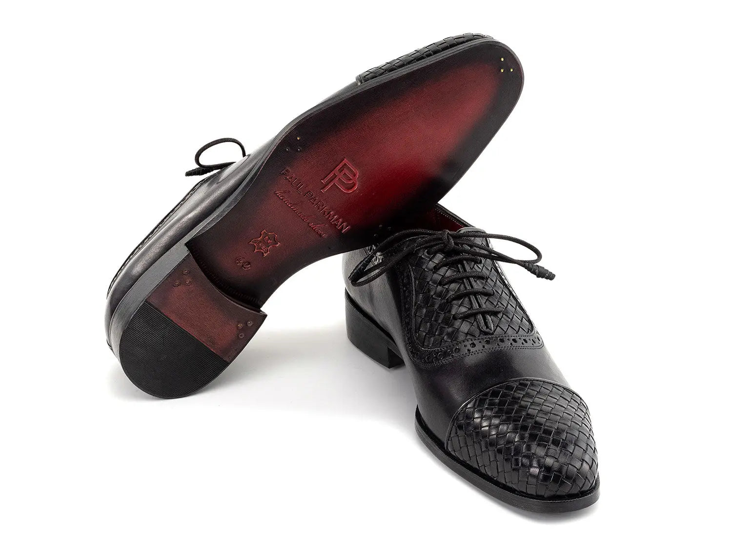 Paul Parkman Men's Black Woven Genuine Leather Cap Toe Oxfords (ID#49851-BLK) PAUL PARKMAN