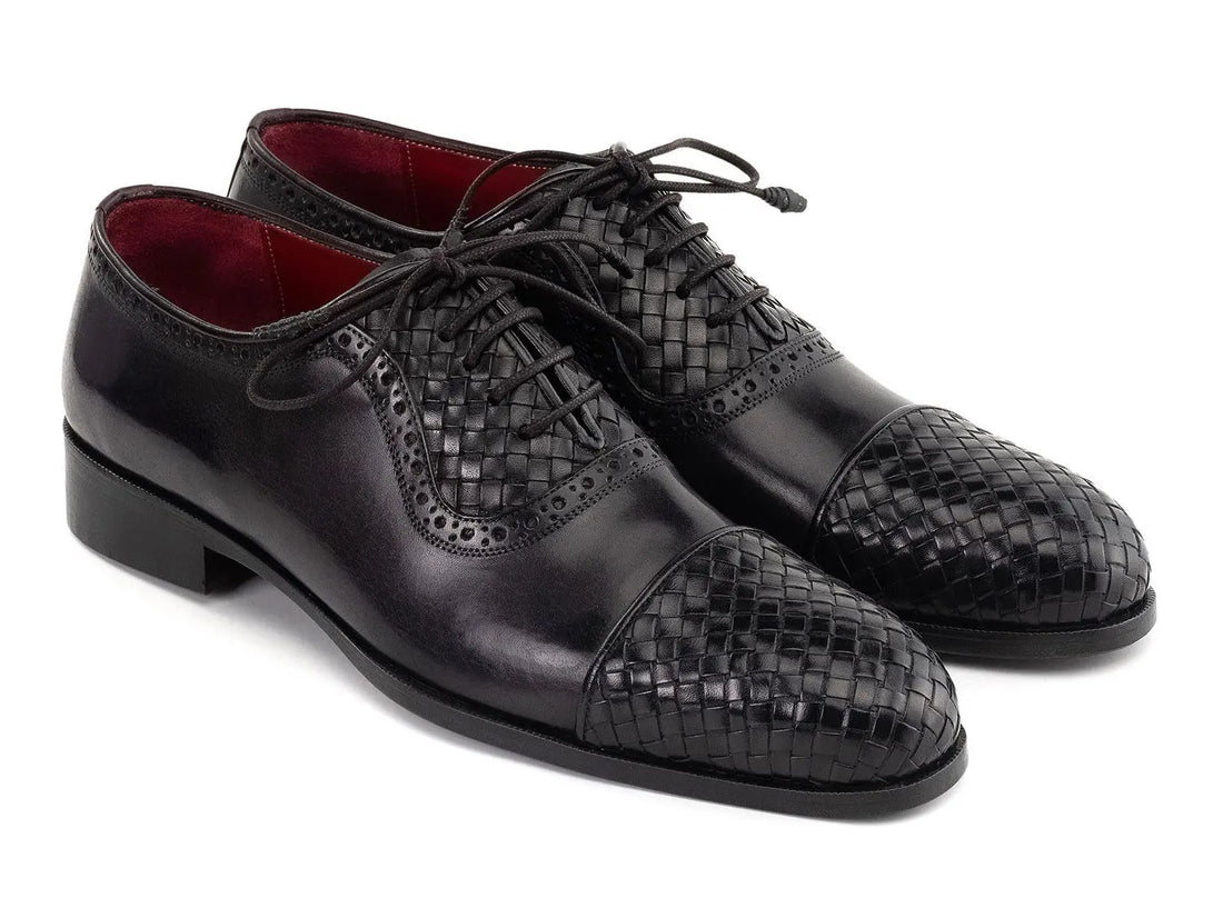 Paul Parkman Men's Black Woven Genuine Leather Cap Toe Oxfords (ID#49851-BLK) PAUL PARKMAN