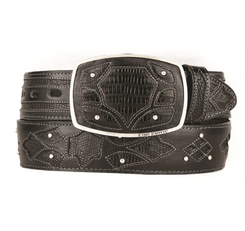 King Exotic 4C11F0705 Black Genuine Teju Lizard Cowboy Belt
