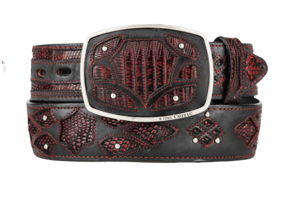 King Exotic 4C11F0718 Black Cherry Genuine Teju Lizard Cowboy Belt