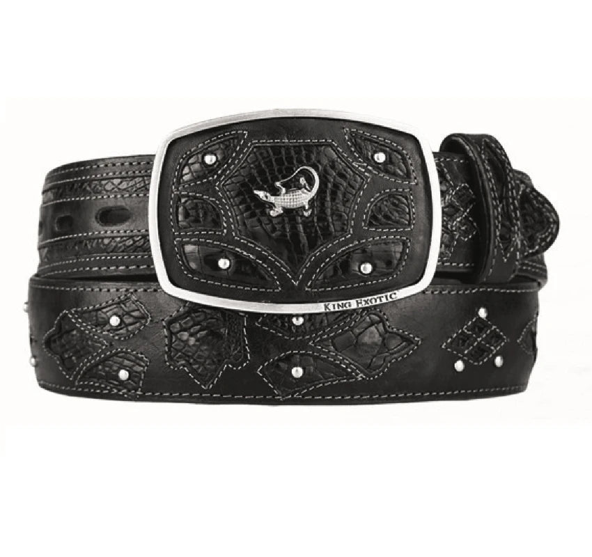 King Exotic 4C11F8205 Black Genuine Caiman Crocodile Belly Cowboy Belt