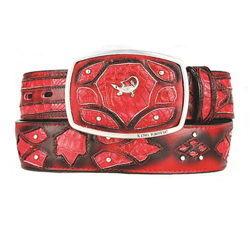 King Exotic 4C11F8229 Black Red Genuine Caiman Crocodile Belly Cowboy Belt