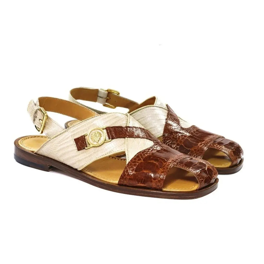 Mauri Romano 5076 Gold/Linen Genuine Ostrich Leg/Lizard Sandals