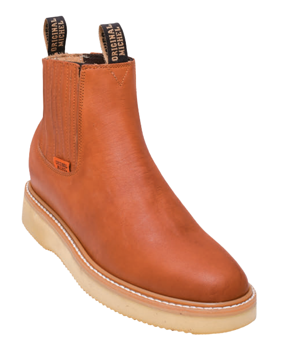 Michel 5545403 Cognac Genuine Cowhide Leather Round Toe Charro Ankle Boots