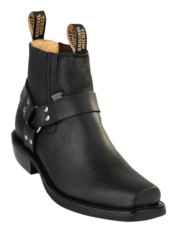 Michel 555B5405 Black Genuine Cowhide Leather Square Toe Charro Ankle Boots