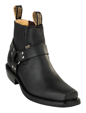 Michel 555B5405 Black Genuine Cowhide Leather Square Toe Charro Ankle Boots