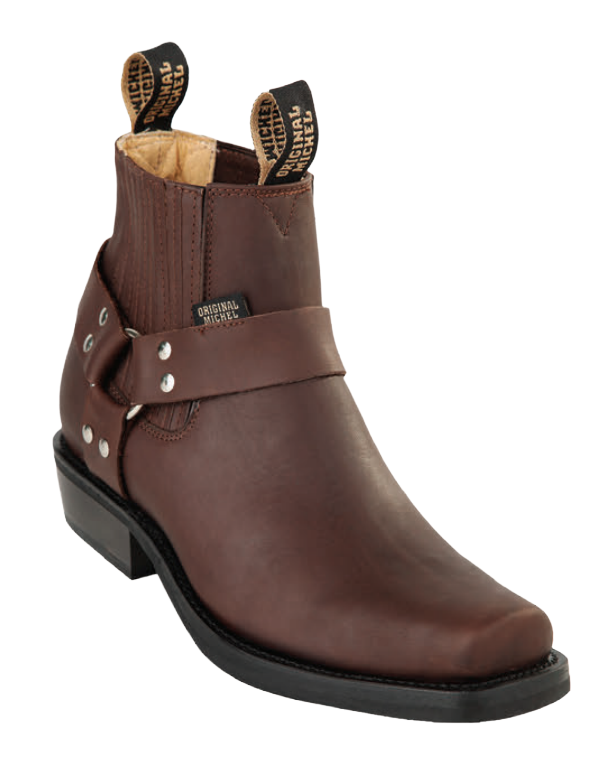 Michel 555B5407 Brown Genuine Cowhide Leather Square Toe Charro Ankle Boots