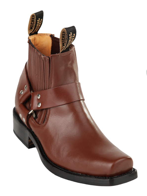 Michel 555BC4607 Brown Genuine Cowhide Leather Square Toe Charro Ankle Boots