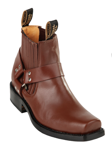 Michel 555BC4607 Brown Genuine Cowhide Leather Square Toe Charro Ankle Boots