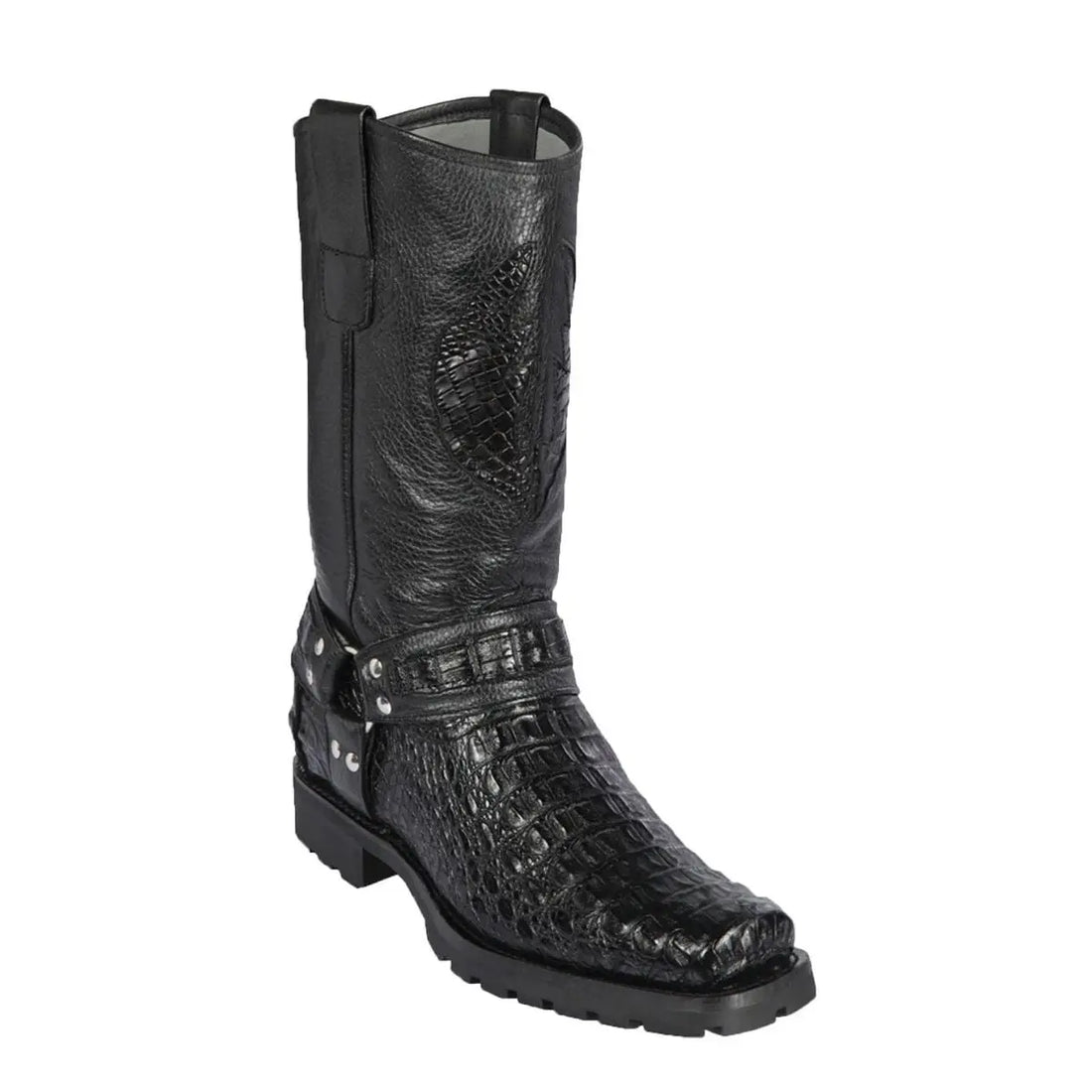 Los Altos 55T1705 Men's Black Genuine Caiman Crocodile Biker Boots