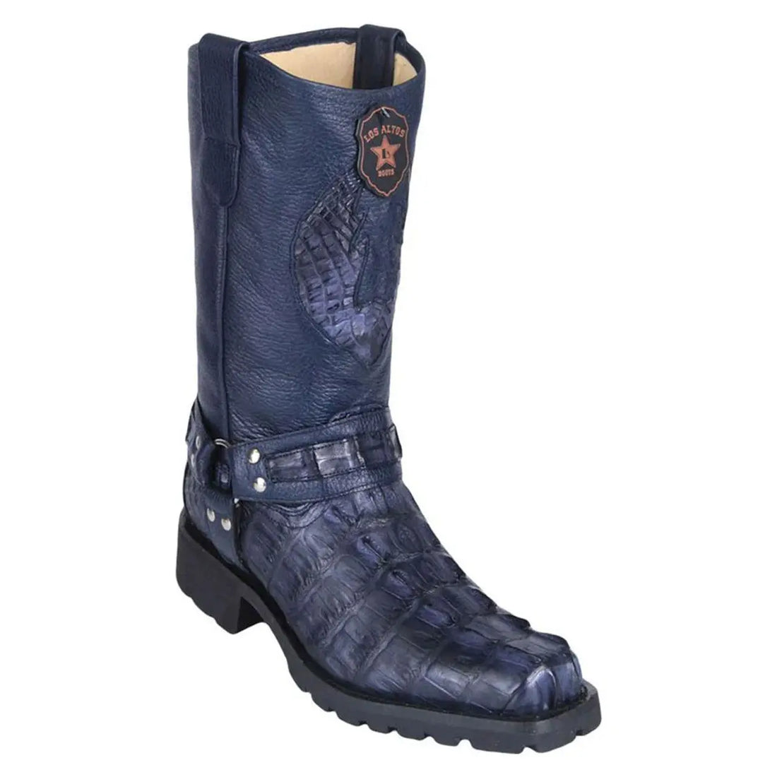 Los Altos 55T0110 Men's Navy Blue Genuine Caiman Crocodile Tail Biker Boots
