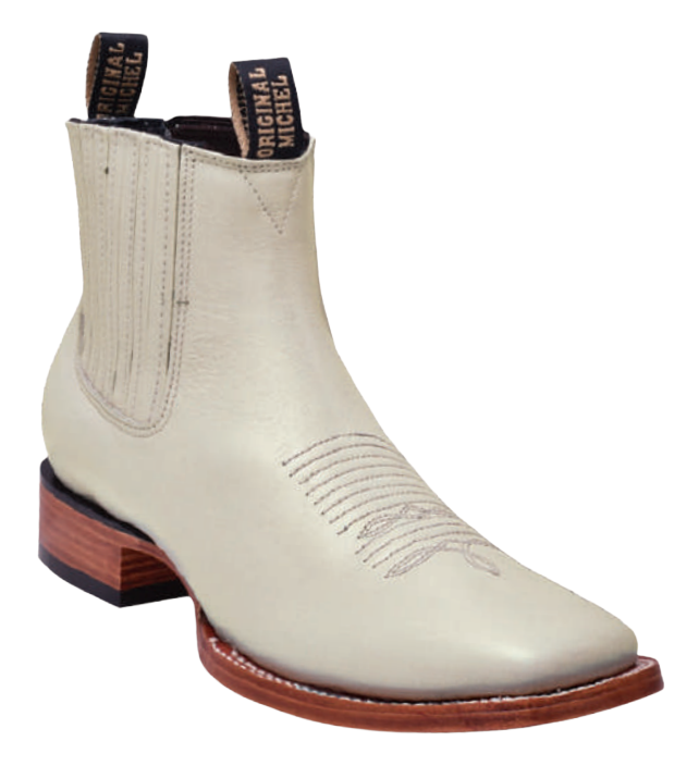 Michel 582BM4704 Winter White Genuine Cowhide Leather Wide Square Toe Charro Ankle Boots
