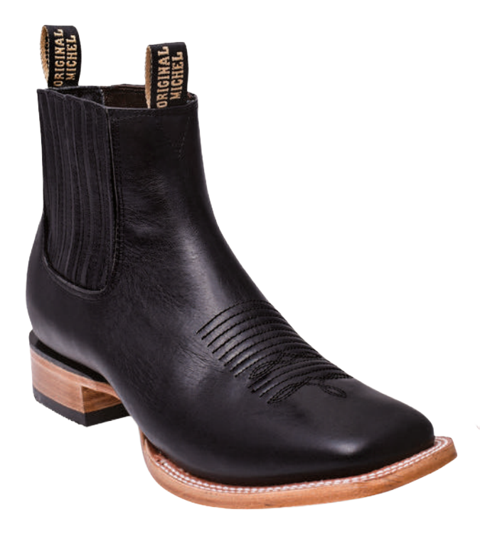 Michel 582BM4705 Black Genuine Cowhide Leather Wide Square Toe Charro Ankle Boots