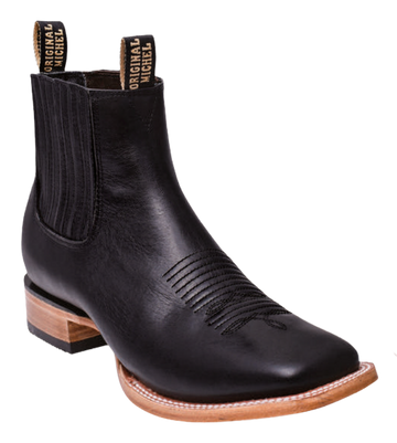 Michel 582BM4705 Black Genuine Cowhide Leather Wide Square Toe Charro Ankle Boots