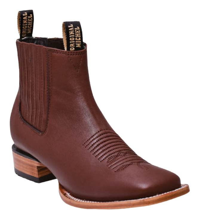 Michel 582BM4707 Brown Genuine Cowhide Leather Wide Square Toe Charro Ankle Boots
