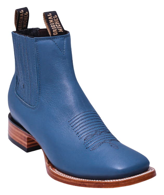 Michel 582BM4714 Blue Jean Genuine Cowhide Leather Wide Square Toe Charro Ankle Boots