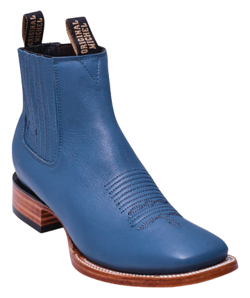 Michel 582BM4714 Blue Jean Genuine Cowhide Leather Wide Square Toe Charro Ankle Boots