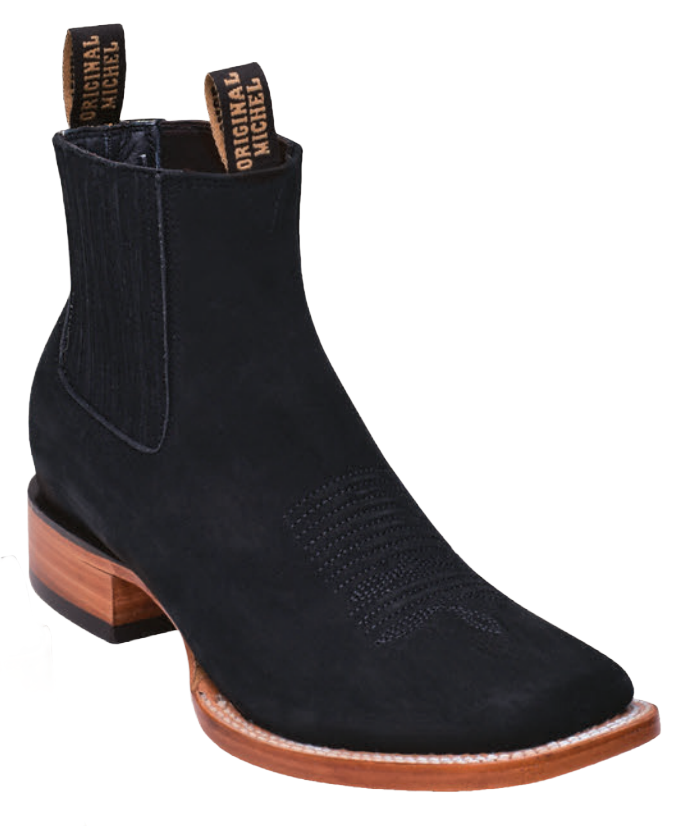 Michel 582BM6305 Black Genuine Cowhide Leather Wide Square Toe Charro Ankle Boots