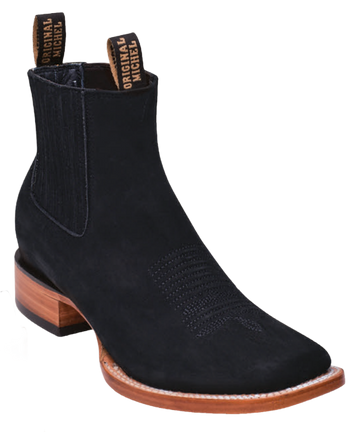 Michel 582BM6305 Black Genuine Cowhide Leather Wide Square Toe Charro Ankle Boots