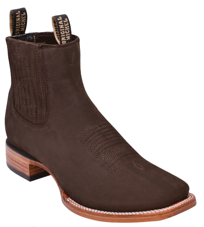 Michel 582BM6359 Tobacco Genuine Nubuck Leather Wide Square Toe Charro Ankle Boots