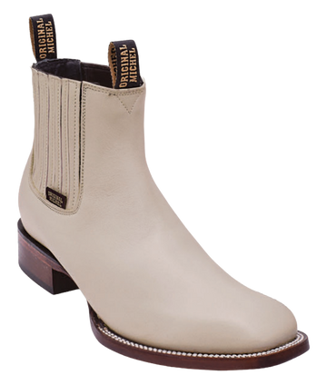 Michel 583B4704 Winter White Genuine Cowhide Leather Wide Square Toe Charro Ankle Boots