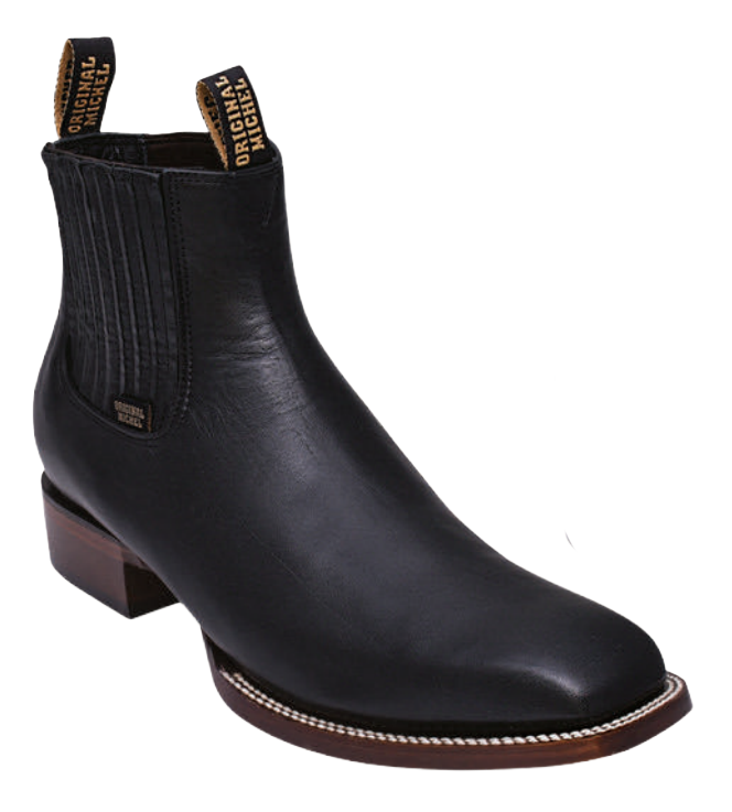 Michel 583B4705 Black Genuine Cowhide Leather Wide Square Toe Charro Ankle Boots
