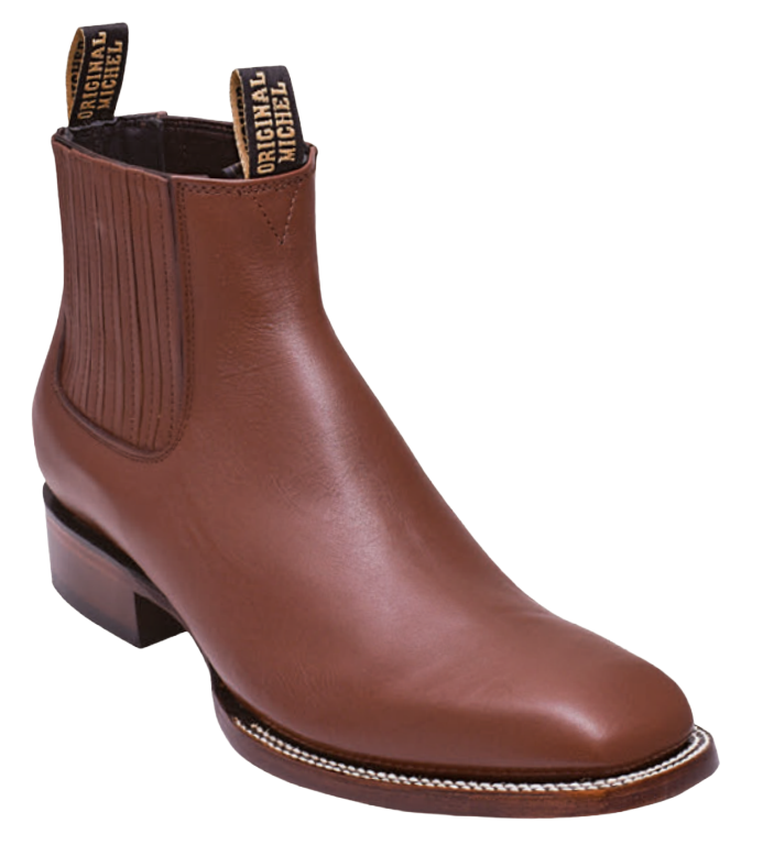 Michel 583B4707 Brown Genuine Cowhide Leather Wide Square Toe Charro Ankle Boots